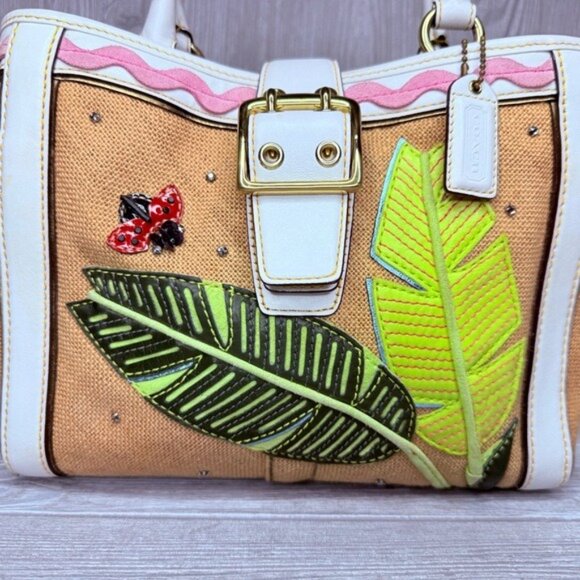Vintage rare Coach Straw ladybug leaf tote bag purse rhinestone handbag summer - Picture 2 of 16
